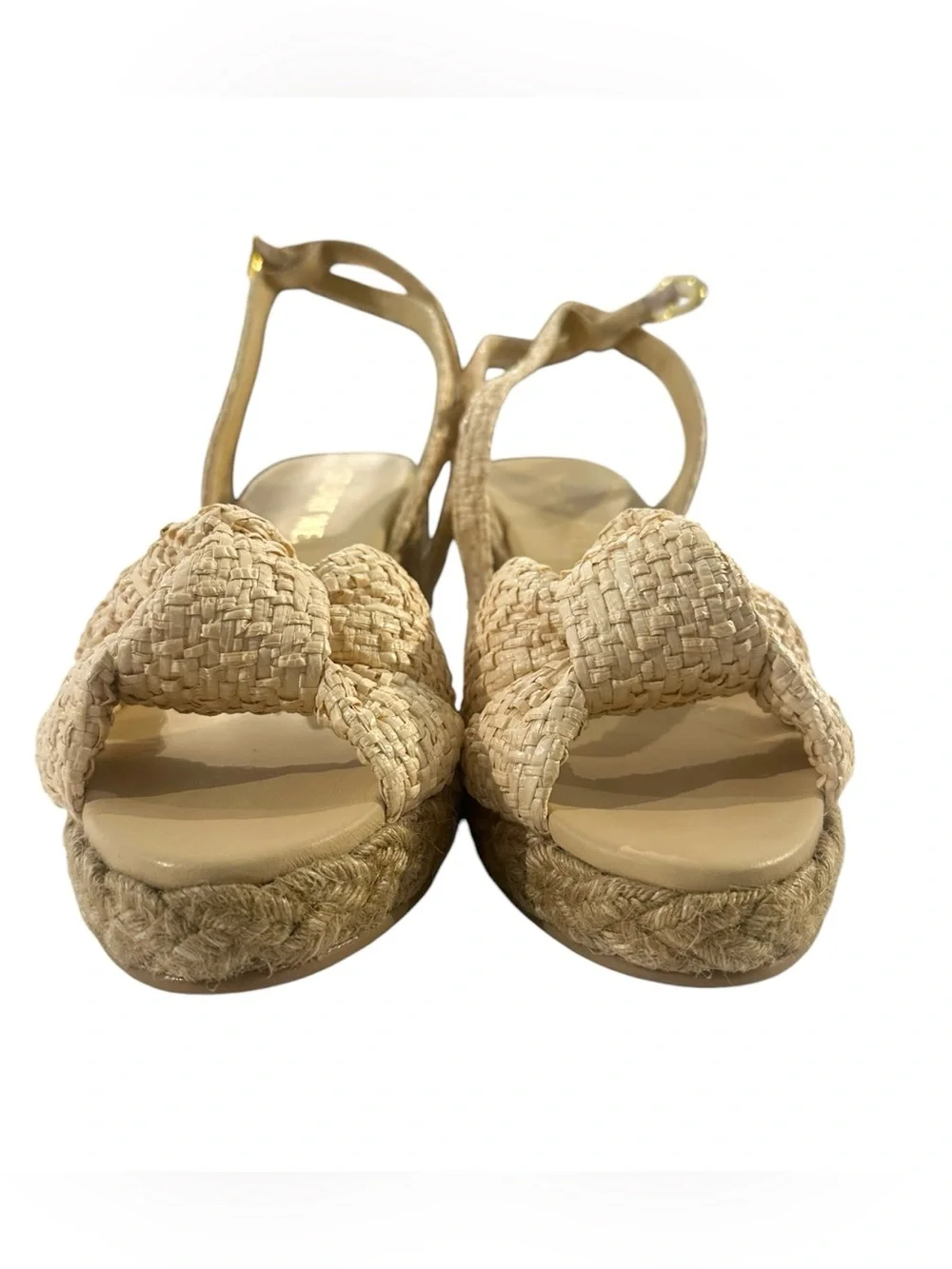 Stuart Weitzman Playa Woven Knotted Vamp Ankle Strap Wedge Espadrille Sandals